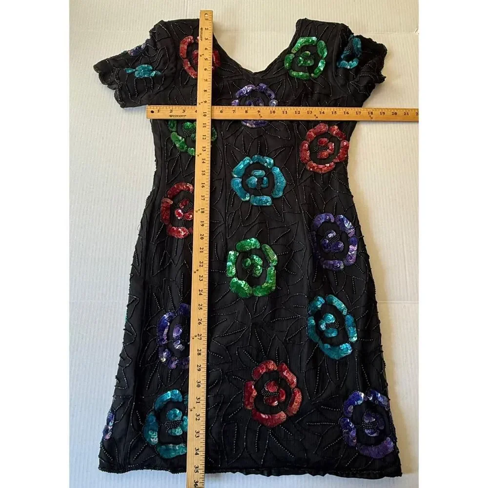 Vintage beaded sequin silk dress with flowers
